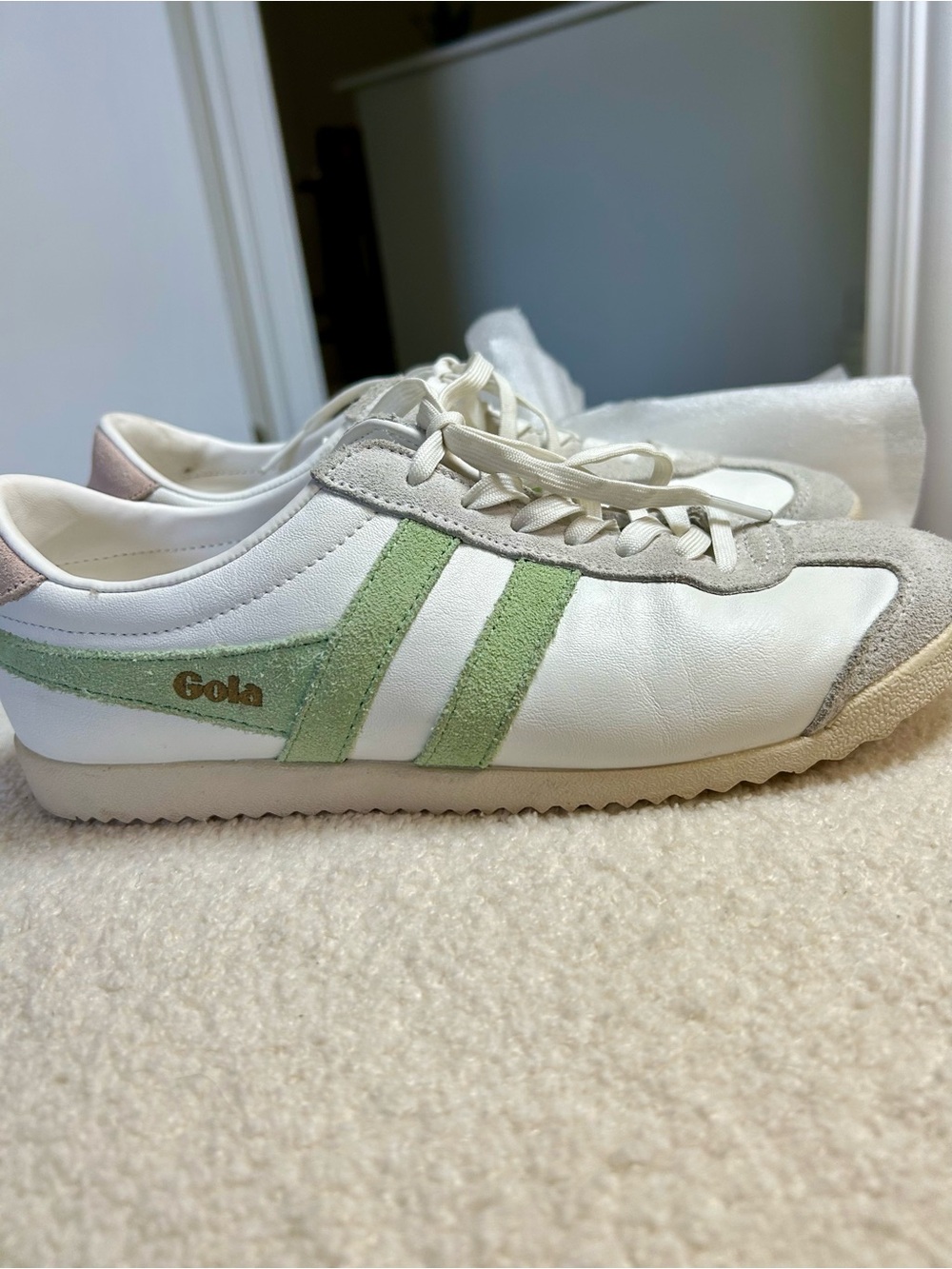 Gola White Sneakers with Light Green Stripes